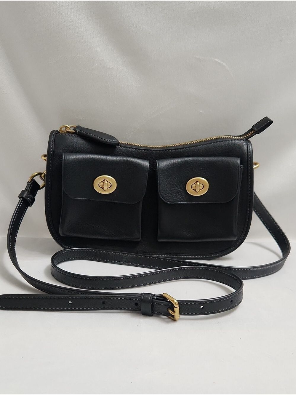 Coach Outlet Twin Turnlock Black Leather Crossbody Bag with Double Front Pockets